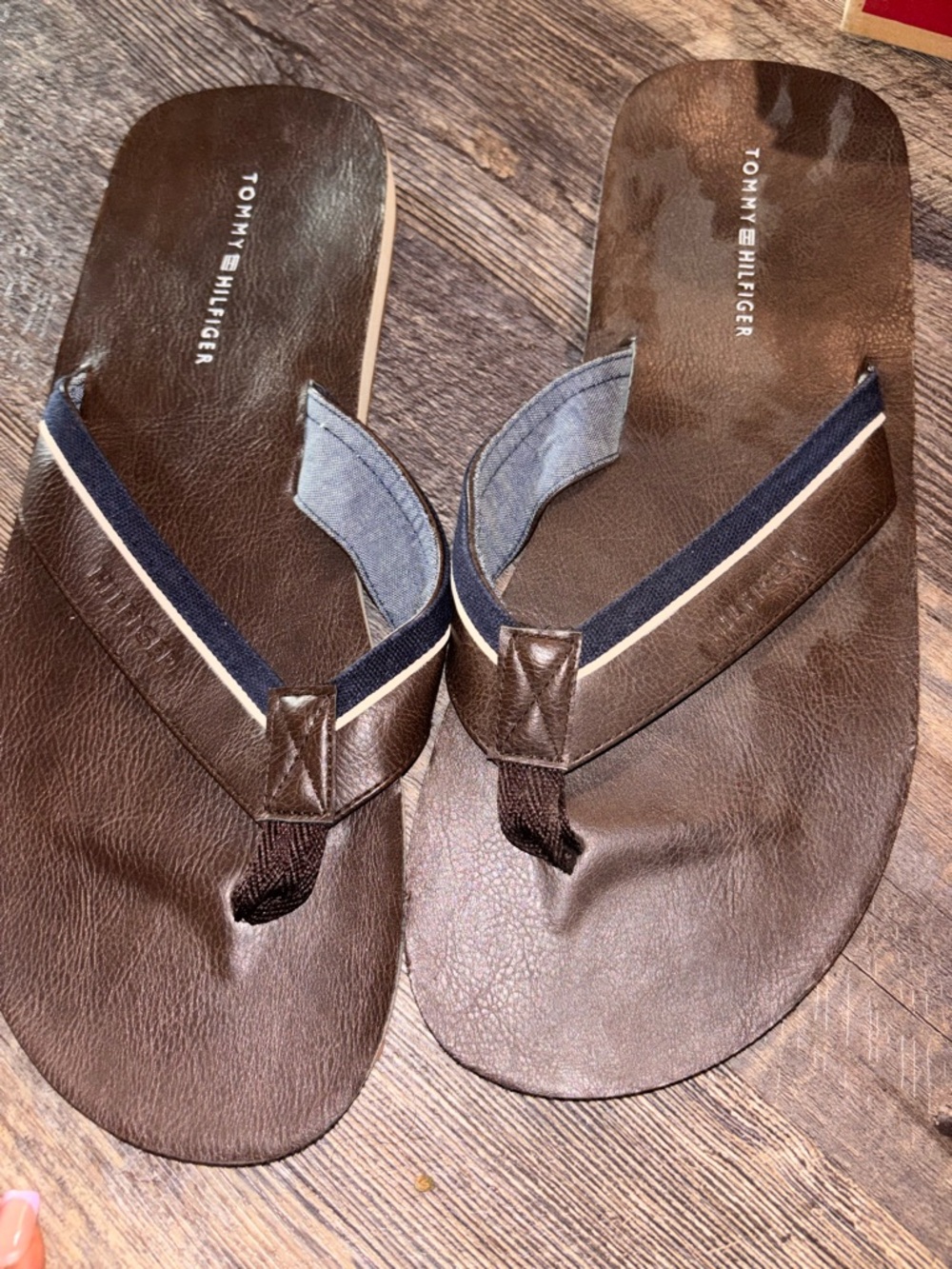 Tommy Hilfiger Brown Flip Flops with Navy and Cream Straps